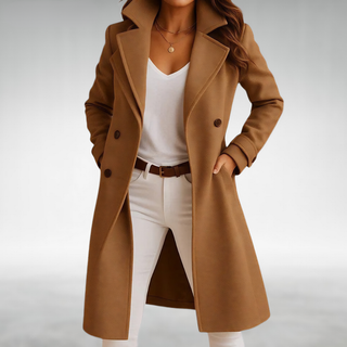 Manteau long camel, col revers, fermeture boutonnée et poches latérales.