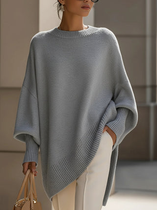 Poncho femme oversize à col rond, manches chauve-souris, bord côtelé gris