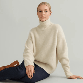 Pull en cachemire à col roulé beige, manches longues côtelées
