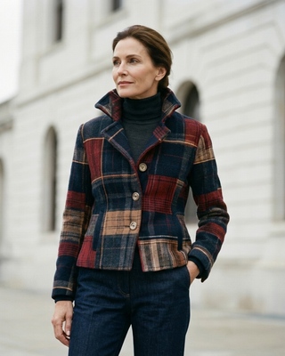 Veste à carreaux Ruby™ multicolore, col châle, boutonnée, modèle en veste