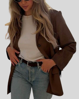 Blazer marron vintage, manches longues, boutons discrets et col cranté