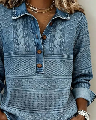 Pull manches longues bleu à motif jacquard, demi-boutonnage et col chemise