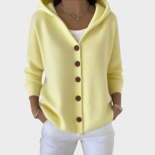 Cardigan en maille de coton à capuche, patte boutonnée, jaune clair.