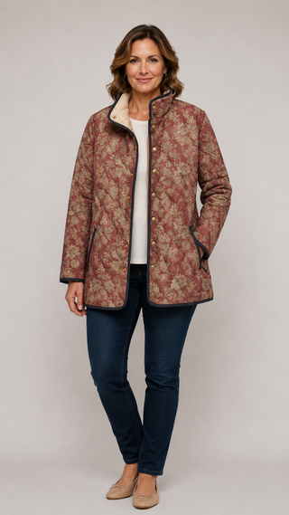 Veste KARA™ à imprimé floral rétro rouge, coupe droite, boutonnée
