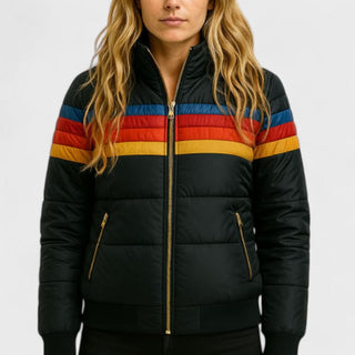 Veste imperméable légère ELA matelassée noire, rayures colorées, zip avant, poches
