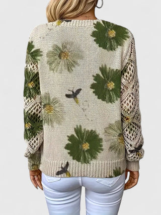 Pull en maille vert à motif floral, vue dos, manches ajourées