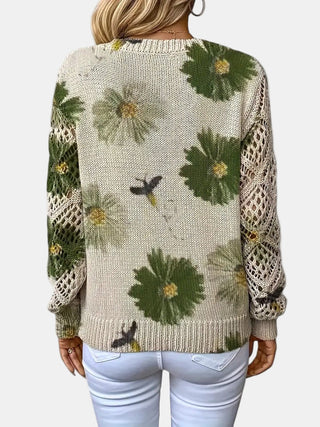 Pull en tricot manches ajourées, imprimé fleurs vertes sur fond clair, vue dos