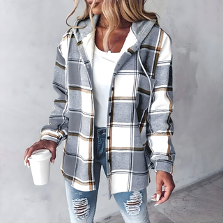Veste à carreaux gris, blanc et marron, col chemise, manches longues, boutons