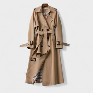 Trench-coat beige en gabardine avec ceinture, rabat et boutons, manches longues