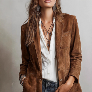 Veste blazer croisée marron oversize à boutons dorés, poches à rabat et cols