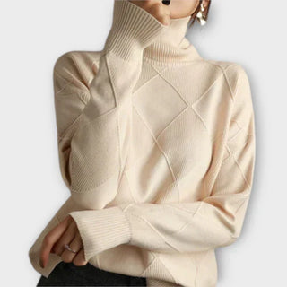 Pull à col haut confortable en maille côtelée beige, motif losanges croisés