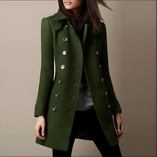 Veste blazer femme vert armée à boutons brillants et manches longues, col châle