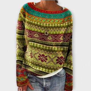 Pull multicolore en maille jacquard, col rond, motif ornemental rouge et vert