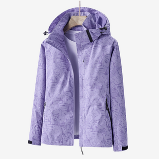 Veste coupe-vent imperméable à capuche, violet à imprimé feuilles, fermeture zippée.