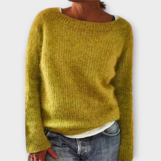 Pull en maille à col rond, manches longues, jaune moutarde.
