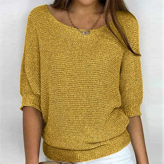 Pull à maille confortable jaune, encolure ronde, manches trois-quarts, bord côte
