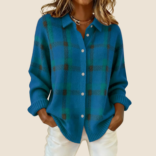 Pull à carreaux rétro bleu canard, boutonné devant, col chemise, manches longues