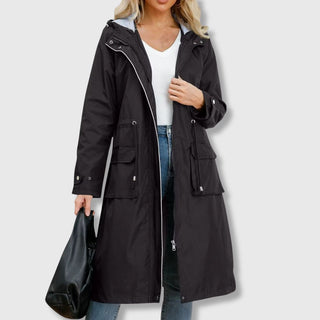 Manteau long à capuche noir, fermeture zippée et poches utilitaires