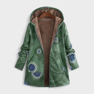 Veste chaude à capuche vert, motifs ronds bleu, doublure marron, fermeture éclair