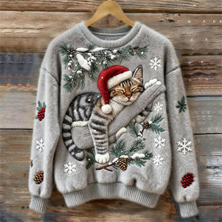 Pull femme gris à motif chat festif: flocons, sapins et gants au centre