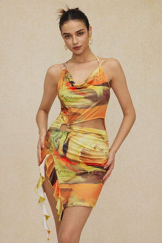 Mira | Robe Mini à Col Halter avec Fente Asymétrique et Imprimé Artistique