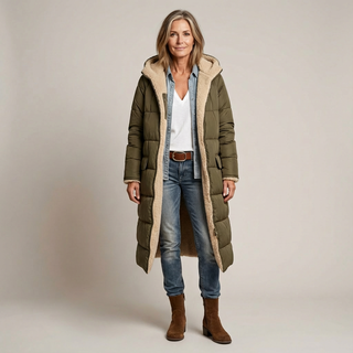 Manteau matelassé réversible vert armée, capuche doublée effet fourrure beige