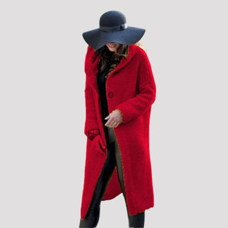 Veste en tricot à capuche rouge, fermeture boutonnée, manches longues, mi-longue