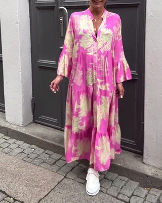 Robe Maxi avec Imprimé, Manches Volantes & Col Montant – Élégante & Aérée