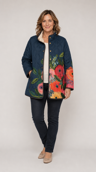 Veste matelassée ALEXIS™ bleu marine à imprimé floral vintage, fermeture boutonnée