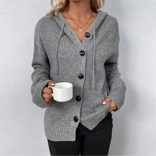 Cardigan à capuche en maille pour femme avec boutons