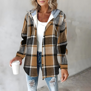 Veste à carreaux beige, noir et gris, col chemise, manches longues, boutons