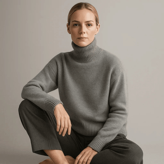 Pull en cachemire à col roulé gris, manches longues, tricot épais