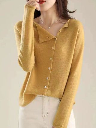 Cardigan femme jaune moutarde, encolure V, fermeture boutonnée devant, manches longues