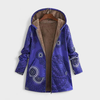 Veste chaude à capuche violette, motifs ronds bleu, doublure marron, fermeture éclair