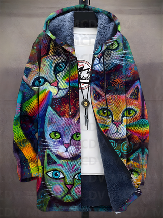 Sweat à capuche zippé multicolore avec motif chats, capuche doublée bleu foncé.