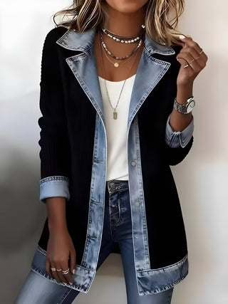 Veste en jean Luna™ : empiècements côtelés noirs, col et boutons en denim