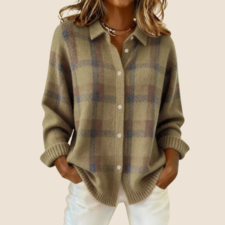 Pull à carreaux rétro kaki et bleu, boutonné devant, col chemise, manches longues