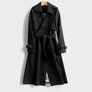 Trench-coat noir en gabardine avec ceintures, patte de boutonnage et col à revers