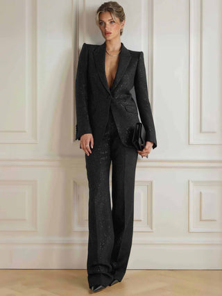 Blazer femme noir à sequins, col châle, coupe ajustée, ouverture devant.