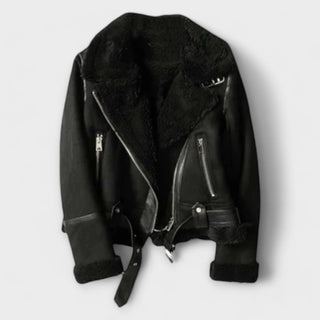 Veste aviateur en daim noir, col en peau lainée et fermetures zippées argentées
