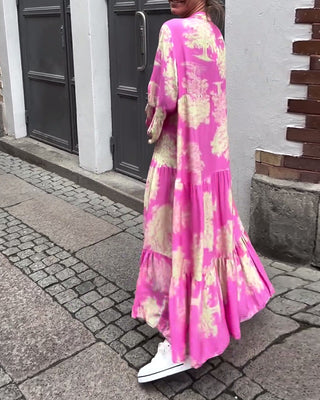 Robe Maxi avec Imprimé, Manches Volantes & Col Montant – Élégante & Aérée