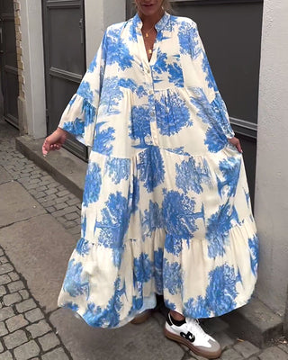 Robe Maxi avec Imprimé, Manches Volantes & Col Montant – Élégante & Aérée