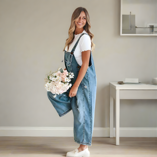 Combinaison en jean bleu turquoise, bretelles réglables, pantalon ample, poches avant