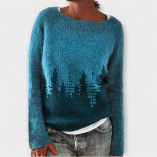 Pull bleu turquoise en maille, col rond, grand motif sombre en bas