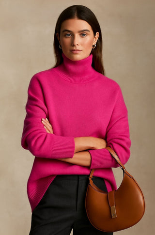 Pull femme rose fuchsia en maille, col montant haut, manches longues