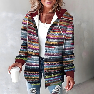 Veste rayée multicolore, col chemise, manches longues, boutons pression