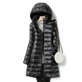 Veste longue duvet noire à capuche, fermeture zippée, matelassage
