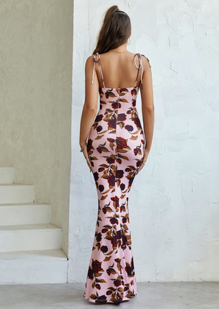 Robe maxi ajustée avec motif floral et détails en nœud – un rêve d'été féminin