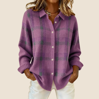 Pull à carreaux rétro violet, boutonné devant, col chemise, poignets côtelés