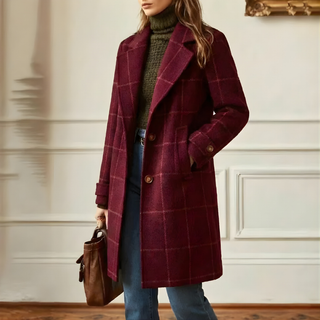 Manteau long en tweed à carreaux bordeaux, col revers, boutons sur l’avant